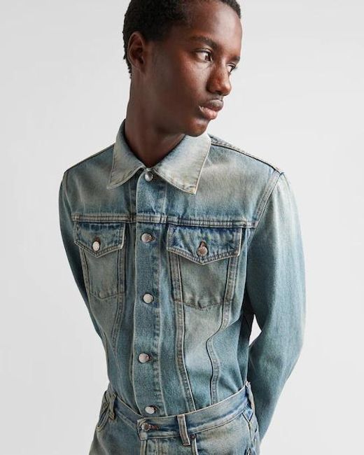 Prada Blue Enamelled Tag Detailed Denim Jacket for men