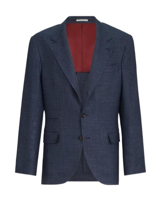 Brunello Cucinelli Blue Wool, Silk And Linen Prince Of Wales Deconstructed Blazer for men