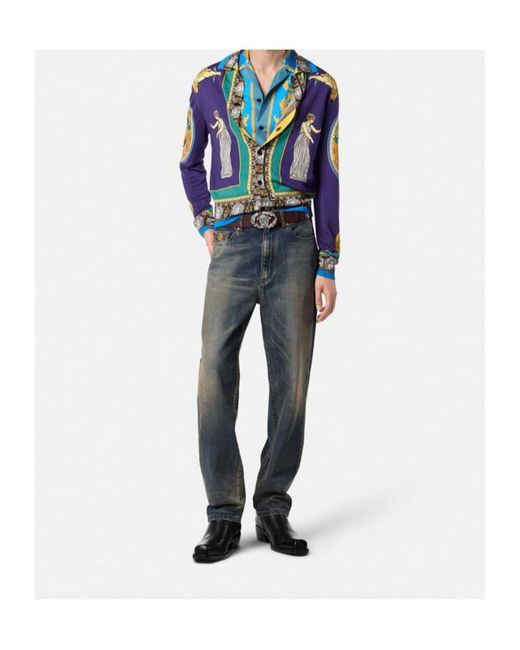 Versace Blue Logo-Plaque Cotton Jeans for men