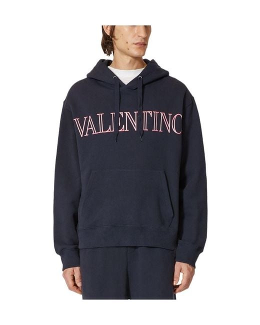 Valentino Blue Logo Printed Drawstring Hoodie for men
