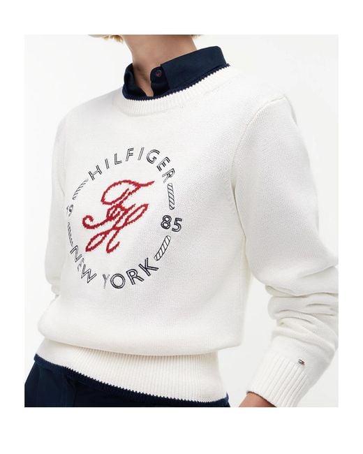Tommy Hilfiger White Knit Embroidered Cropped Sweater