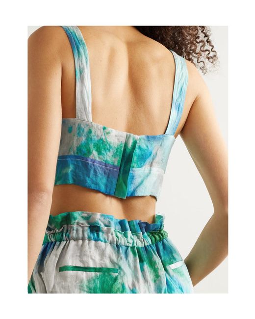 Jason Wu Green Cropped Printed Crinkled Cotton-Blend Top