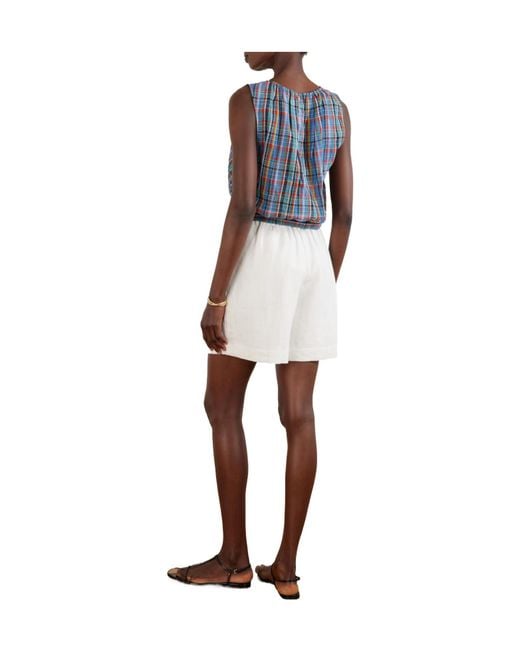 Doen Blue Gathered Checked Organic Cotton-Voile Top