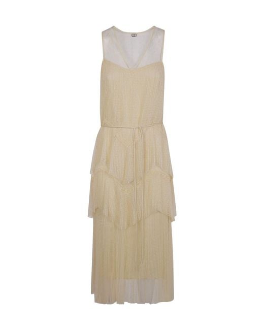 Twinset Natural Pleated Flounces Long Tulle Dress