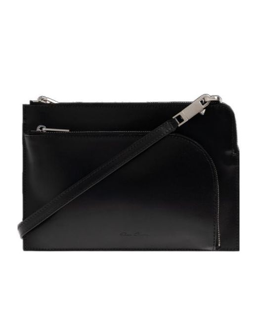 Rick Owens Black Logo Embossed Zipped Shoulder Bag for men