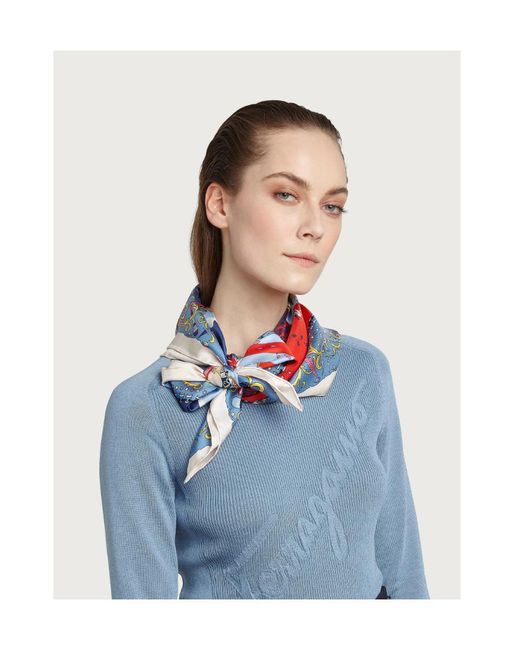 Ferragamo Blue Architectural Printed Silk Scarf