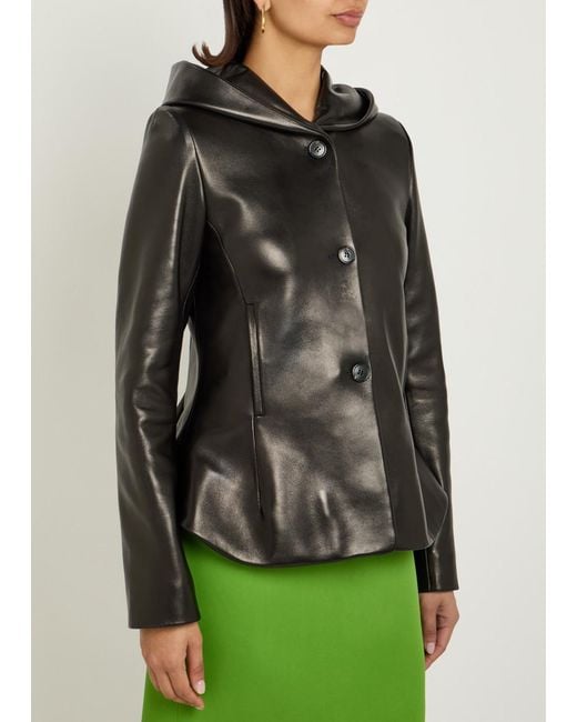 Khaite Black June Hooded Peplum-Hem Leather Jacket