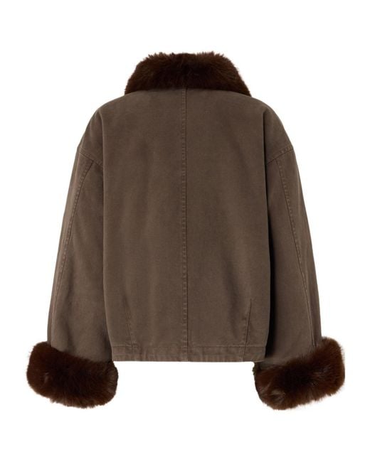 Pinko Brown Cotton Pea Coat With Faux Fur Details