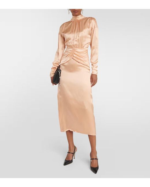 Alessandra Rich Pink Tie-Neck Silk Satin Midi Dress