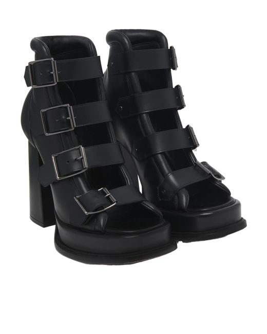 McQueen Black Caged Buckle Strap Sandals