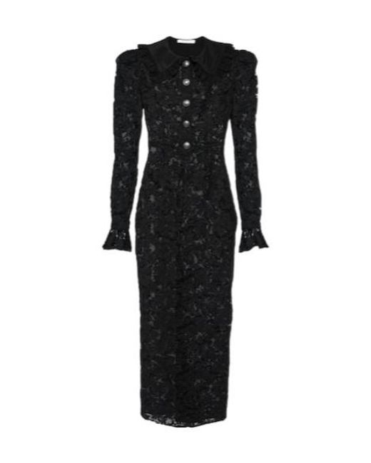 Alessandra Rich Black Puff-Sleeve Cotton Blend Lace Midi Dress