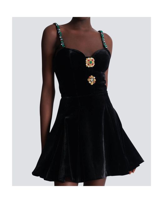 Balmain Black Embellished Strappy Velvet Dress