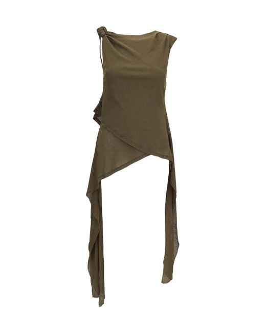Ganni Green Mesh Tie-Knot Asymmetric Tank Top