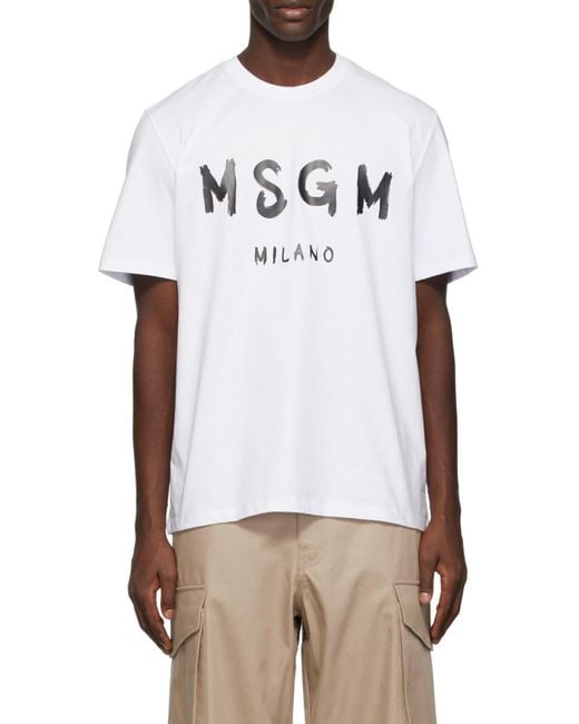 MSGM White Logo Printed Crew Neck T-Shirt for men