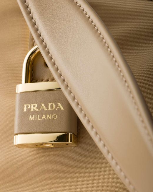 Prada Natural Aimee Large Re-Nylon And Leather Shoulder Bag With Padlock