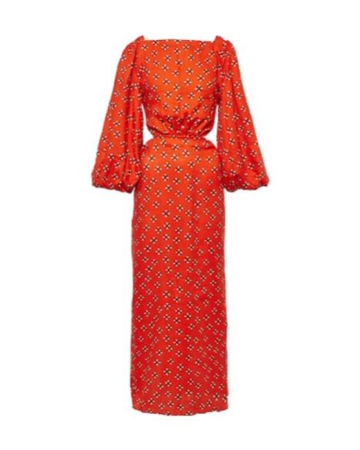 Johanna Ortiz Red Printed Linen Midi Dress