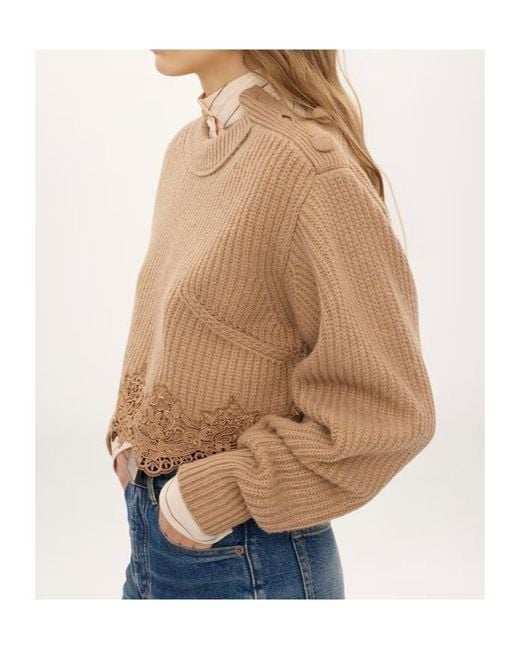 Chloé Natural Chloé Cropped Lace-Hem Knitted Sweater