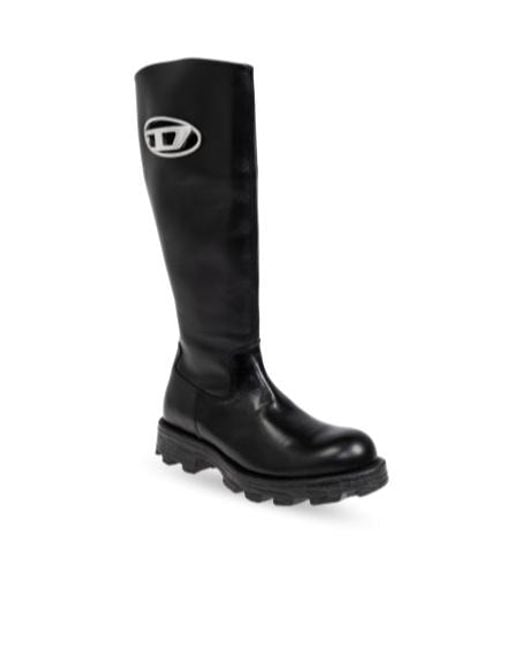 DIESEL Black Oval D Logo Plaque Knee-Length Boots