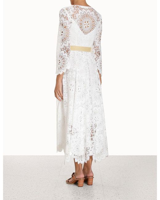 Zimmermann White Chintz Doily-Lace Belted Midi Dress