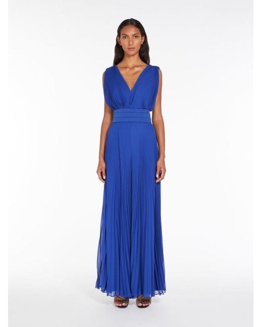 Max Mara Blue V-Neck Pleated Dress