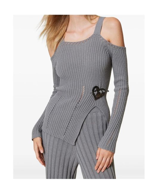 Twinset Gray Brooch-Detail Top