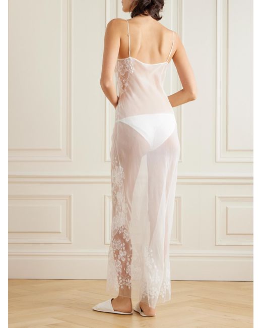 Carine Gilson White Lace-Trimmed Satin Nightgown