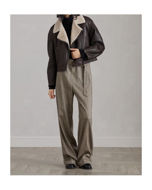 Brunello Cucinelli Black Shearling-Collar Cropped Biker Jacket