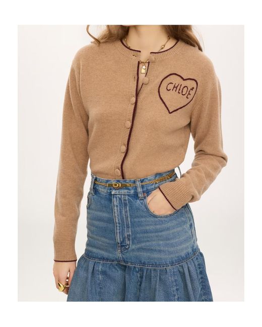 Chloé Natural Contrast-Edge Wool Crewneck Sweater With Fabric-Covered Buttons