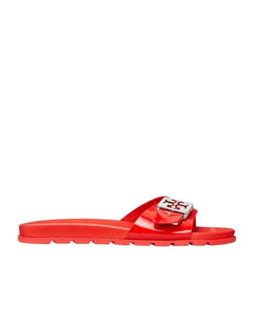 Tory Burch Red Logo-Buckle Slip On Slides