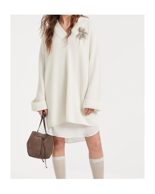 Brunello Cucinelli White V-Neck Embellished Knit Mini Dress