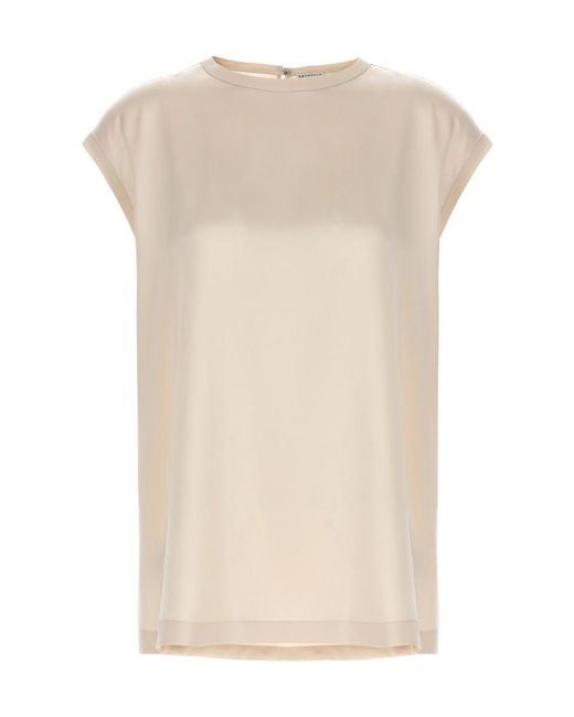 Brunello Cucinelli Natural Cap-Sleeved Crewneck Satin Blouse