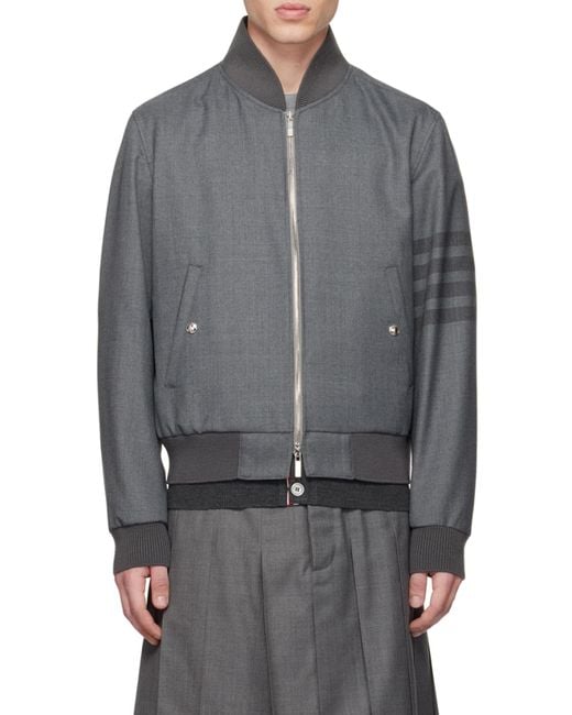 Thom Browne Gray Bar Zipped Bomber Jacket for men