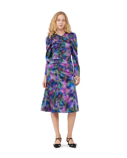 Ganni Purple Silk Satin O-Neck Midi Dress