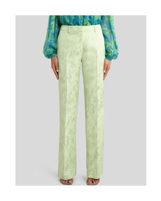Etro Green Jacquard Bootcut Trousers With Floral Motif