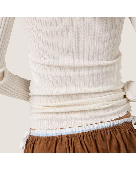 Miu Miu White Long-Sleeved Ribbed T-Shirt