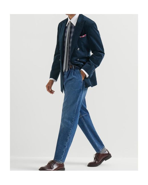 Brunello Cucinelli Blue Cotton And Lyocell Tartan Flannel Shirt With Contrast Italian Collar And Cuffs for men
