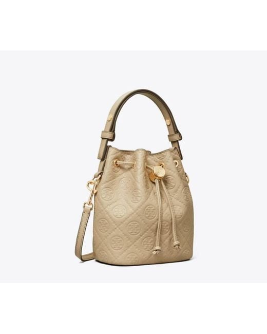 Tory Burch Natural Embossed-Crest Leather Mini Bucket Bag