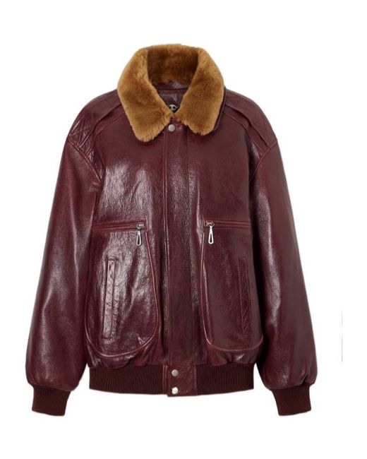 Rabanne Purple Shearling-Collar Leather Bomber Jacket