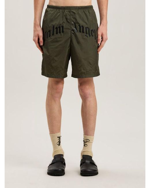 Palm Angels Green Curved Logo Elastic Waist Swim Shorts for men