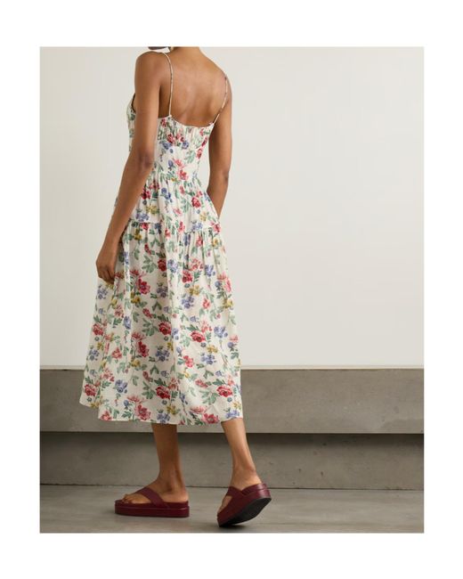 Doen White Benoit Gathered Tiered Floral-Print Ramie Midi Dress