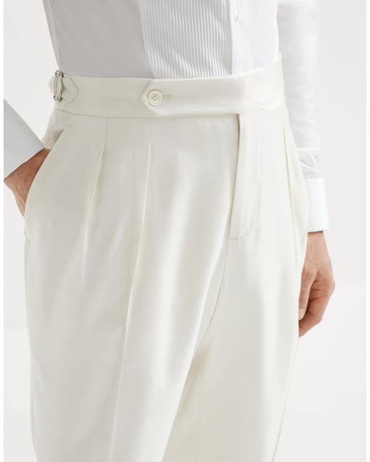Brunello Cucinelli White Pleat-Detail Tuxedo Trousers for men