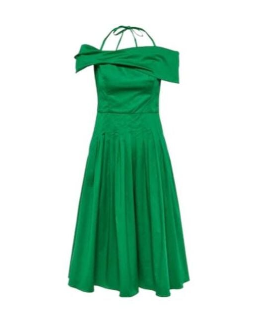 Oscar de la Renta Green Off-Shoulder Silk Midi Dress