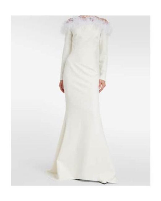 Safiyaa White Bridal Starlana Feather-Trimmed Crêpe Gown