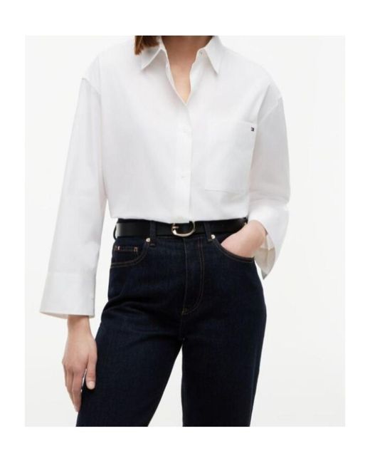 Tommy Hilfiger White Oversized Fit Flag Embroidery Poplin Shirt