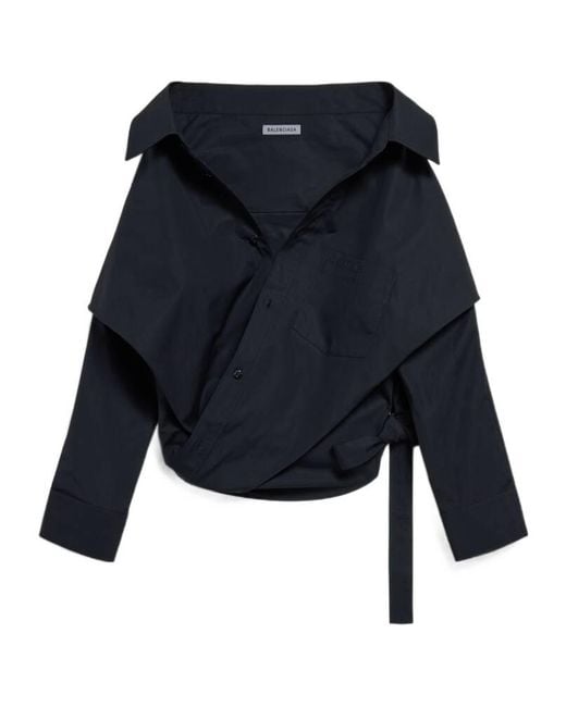 Balenciaga Blue Off-Shoulder Wrap Shirt