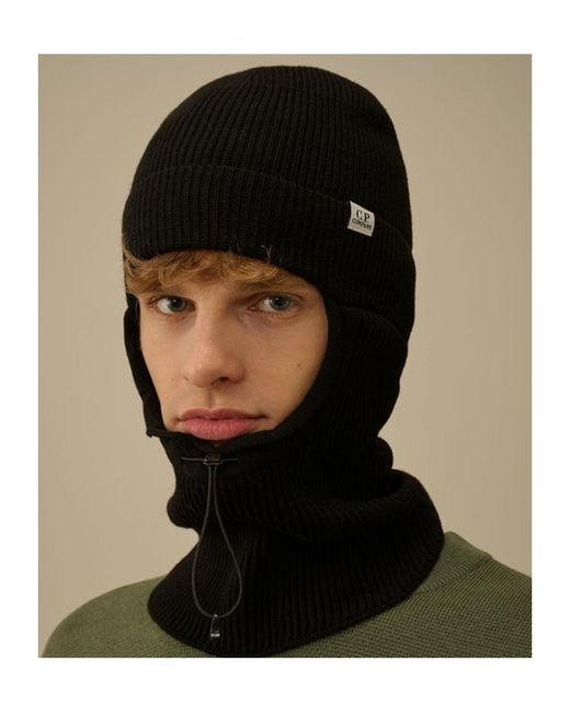 C P Company Black Ribbed Logo Balaclava Hat for men