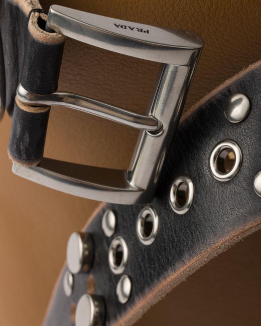 Prada Brown Buckle Leather Bucket Bag With Studded Belt