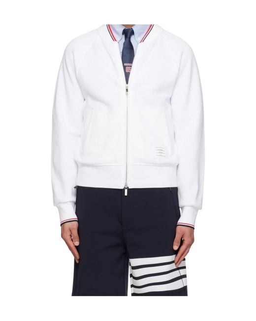 Thom Browne White Zip-Up Bomber Jacket for men