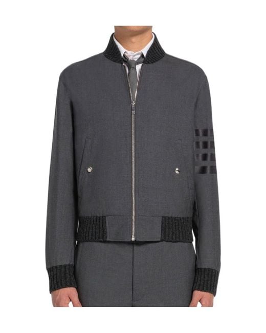 Thom Browne Gray Bar Zipped Bomber Jacket for men