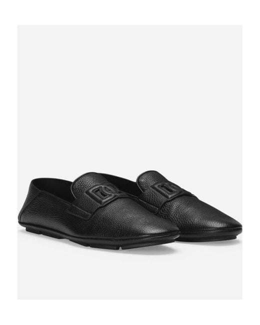 Dolce & Gabbana Black Logo Embossed Round Toe Loafers for men